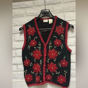 Vintage Festive Red poinsettias Floral Knit Vest M